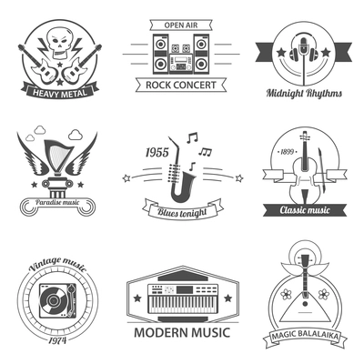 Black and white music styles labels with classic rock metal blues balalaika isolated vector illustration