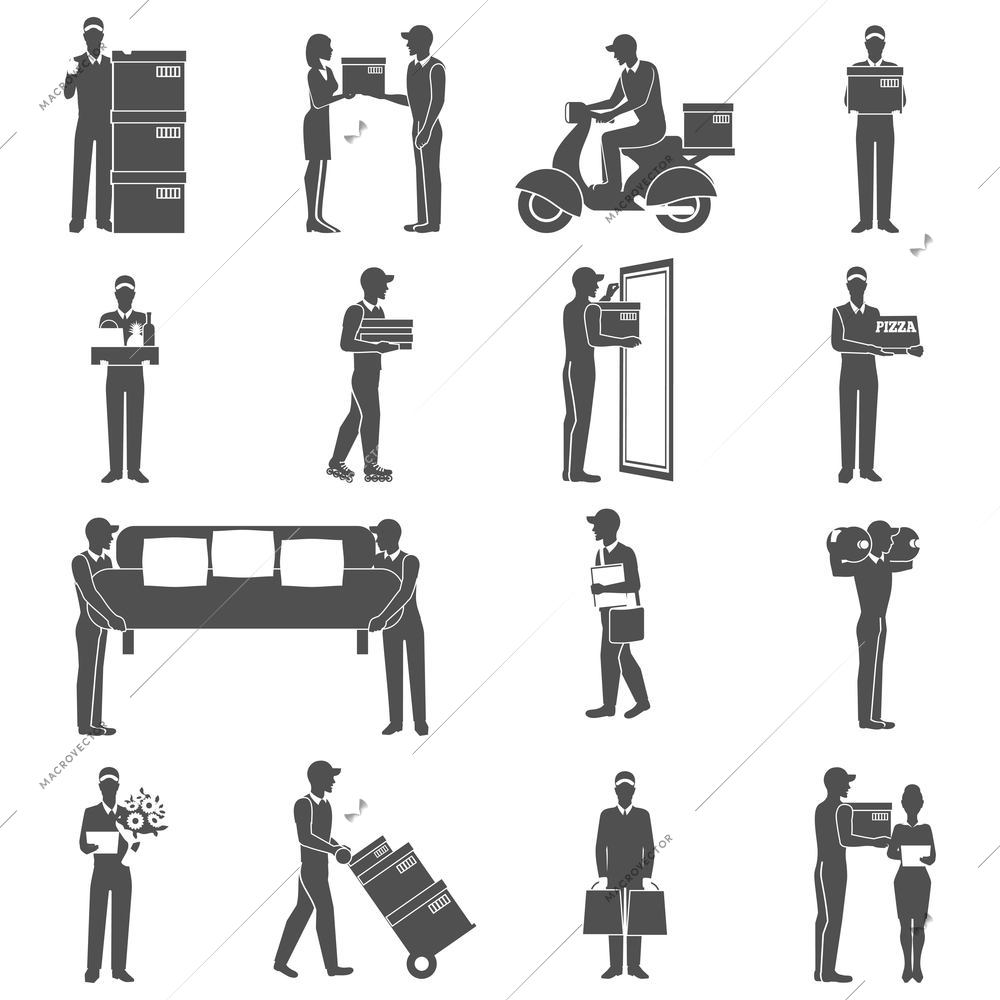 Delivery industry black icons set with male figures isolated vector illustration