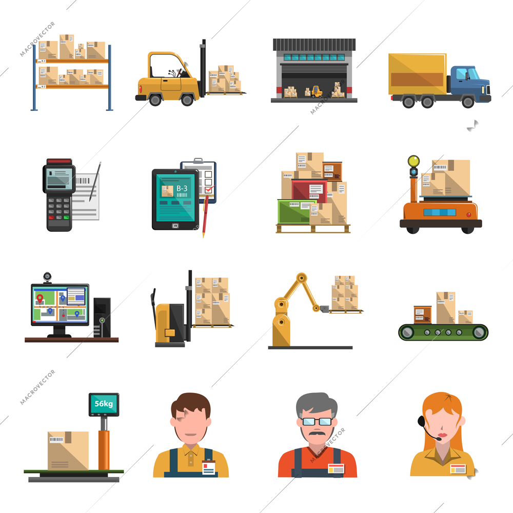 Warehouse icons flat set with shipping and delivery symbols isolated vector illustration