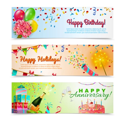 Happy anniversary birthday party celebration in holidays season 3 horizontal festive colorful decorative banners abstract vector illustration
