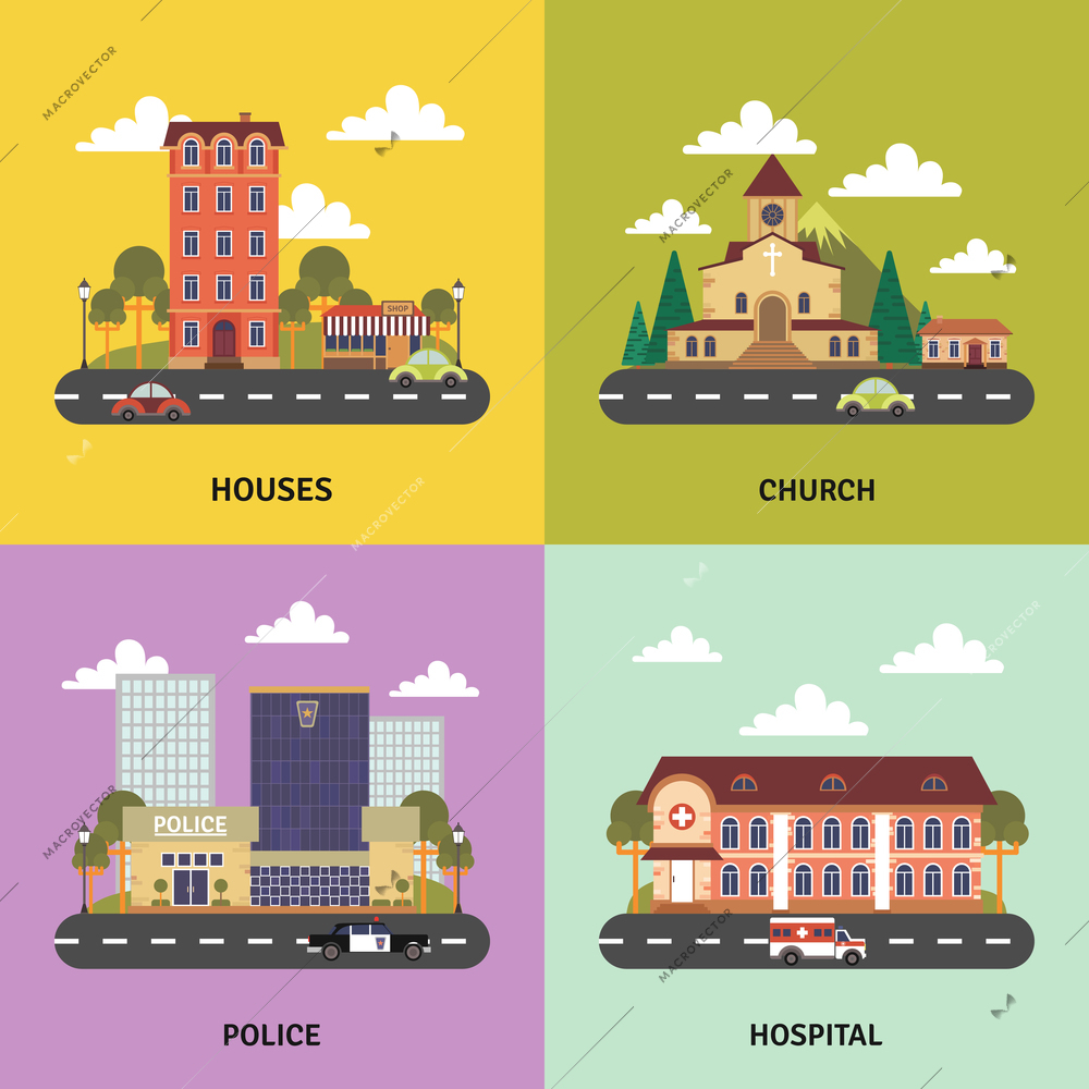 Urban landscape 4 flat icons square composition banner with police department and church abstract isolated vector illustration