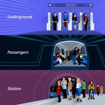 Subway passengers by payment checkpoints at the underground metro station flat banners set abstract isolated vector illustration