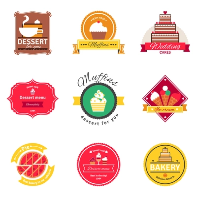Confectionery cafe and bakery emblems with text and signs flat labels set isolated vector illustration