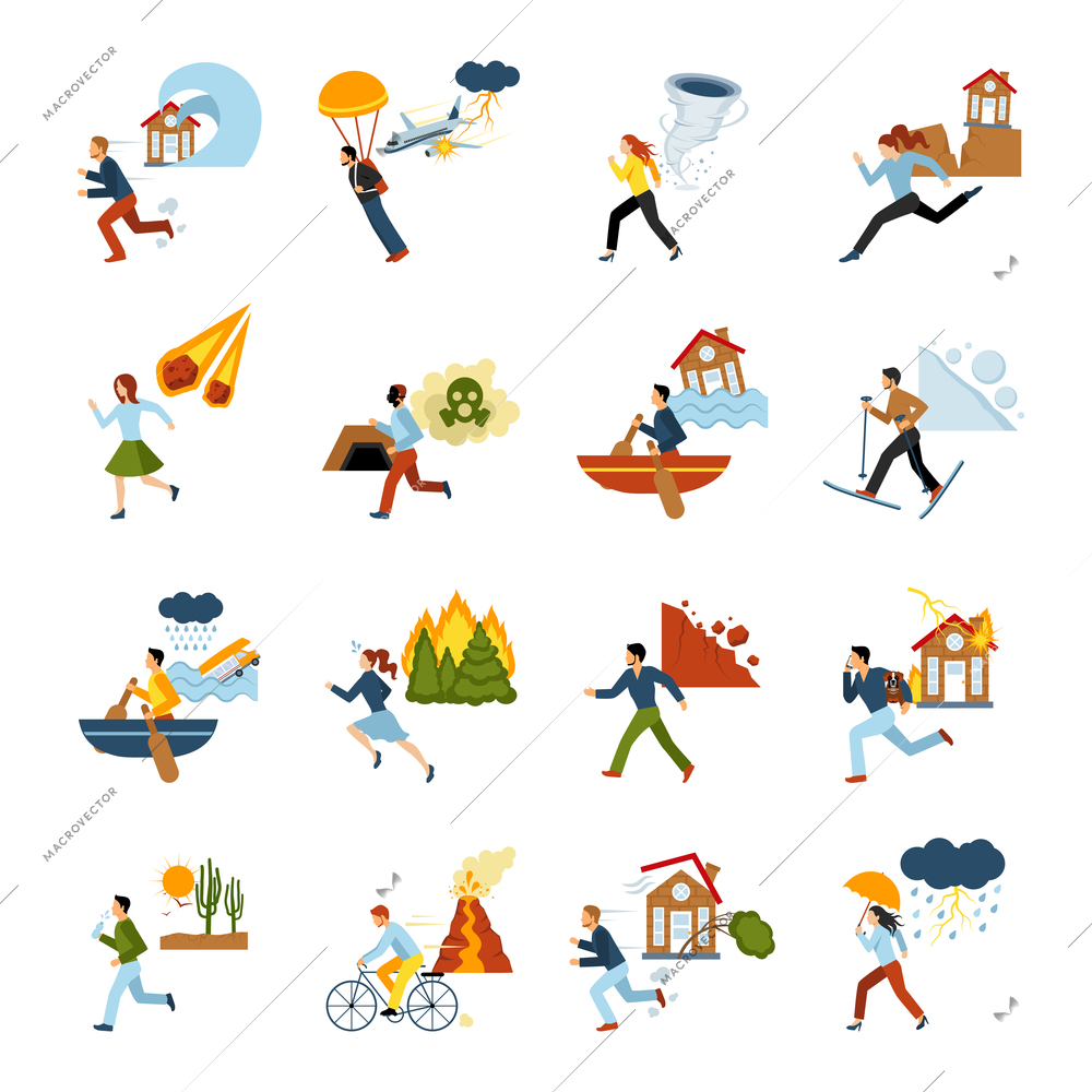 Human escape from different types of natural disasters flat color images set isolated vector illustration