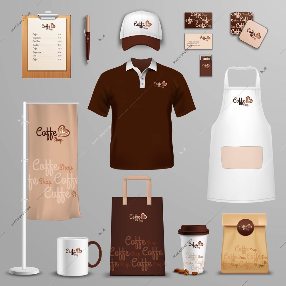 Coffee shop corporate identity and branding design of packages and menu icons set abstract isolated vector illustration