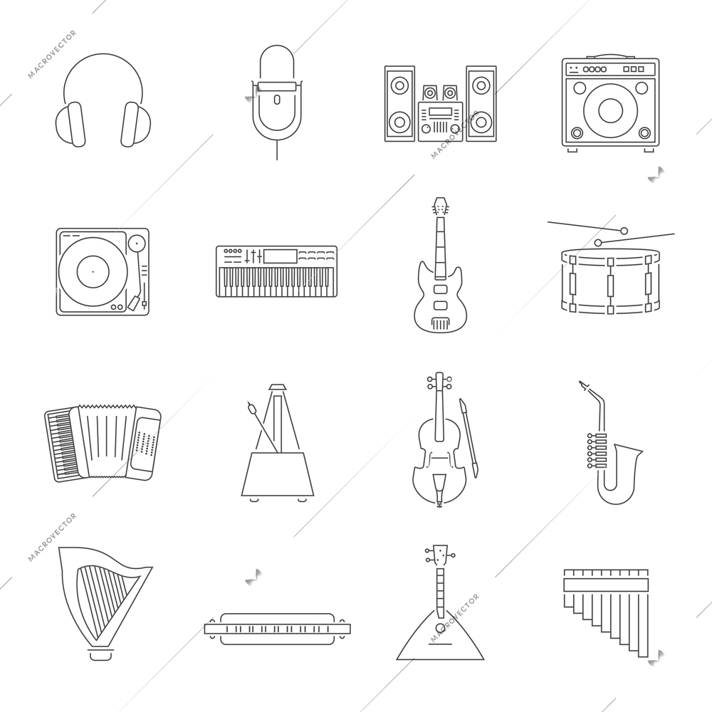 Outline style music instruments and accessories icons with piano mic violin drum and others isolated vector illustration