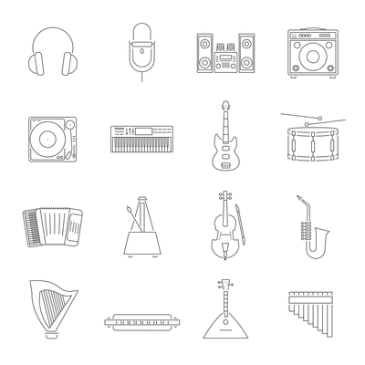 Outline style music instruments and accessories icons with piano mic violin drum and others isolated vector illustration