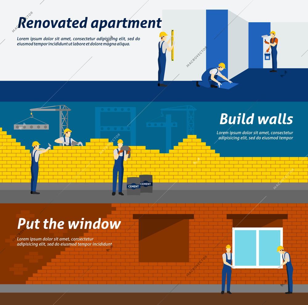 Windows installation work in renovated apartment building block 3 flat  horizontal banners set abstract isolated vector illustration