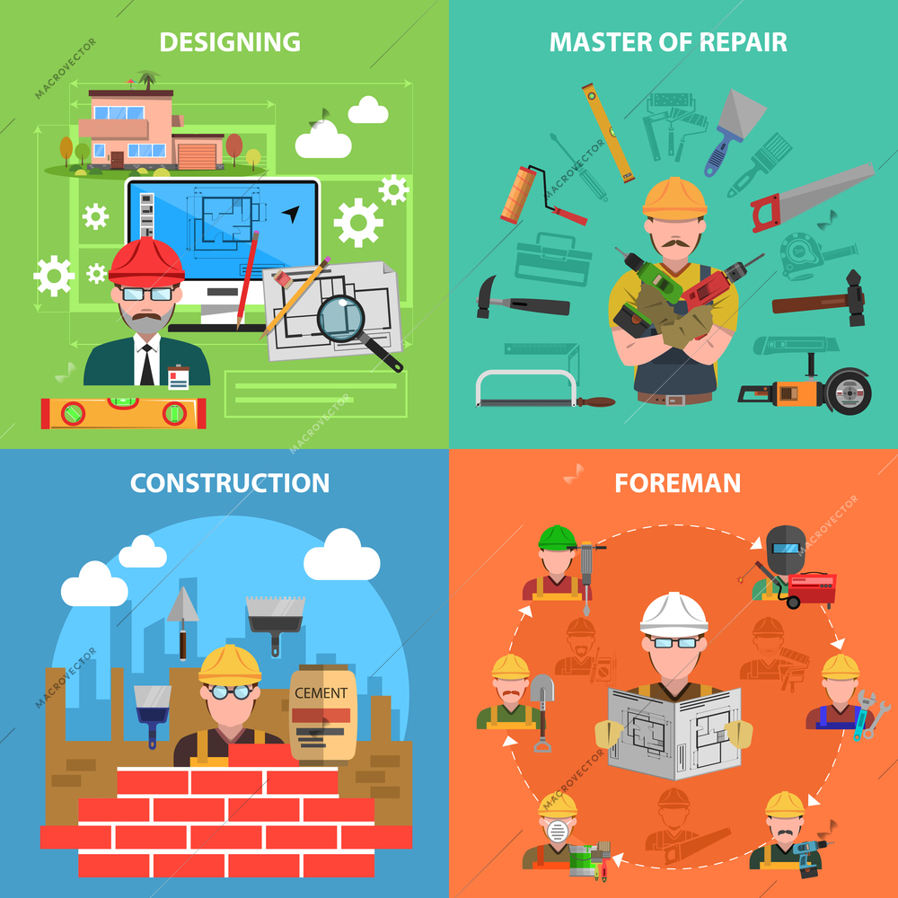Worker design concept set with construction and repair flat icons isolated vector illustration
