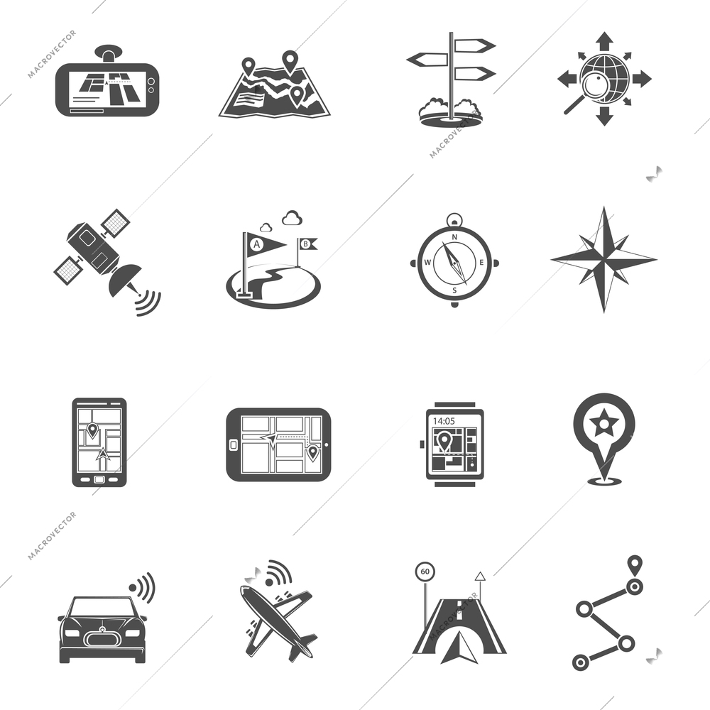 Location and navigation maps compasses and gps routes and landmarks flat silhouette icon set isolated vector illustration