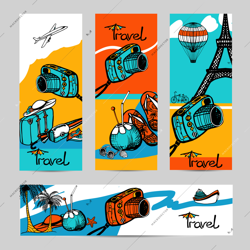 Travel banner set with sketch photo camera and touristic attractions isolated vector illustration