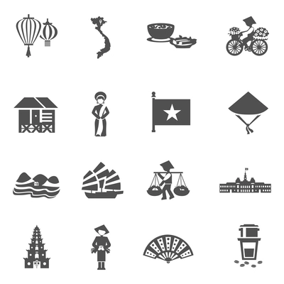 Vietnamese culture black white icons set with flowers coffee and fan flat isolated vector illustration