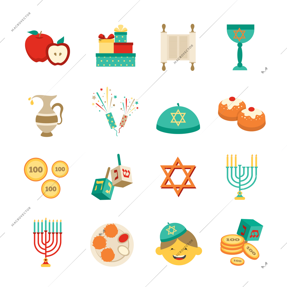 Various symbols and items of hanukkah celebration flat icons set isolated vector illustration