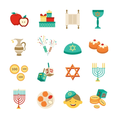 Various symbols and items of hanukkah celebration flat icons set isolated vector illustration