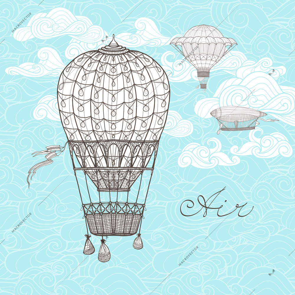 Vintage sky poster with retro hot air balloons on ornamental clouds background sketch vector illustration