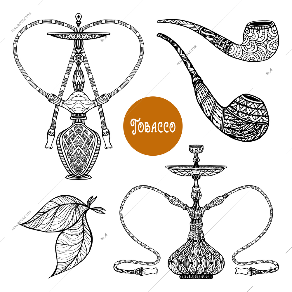 Doodle retro smoke set with hookah and pipes with ornament isolated vector illustration