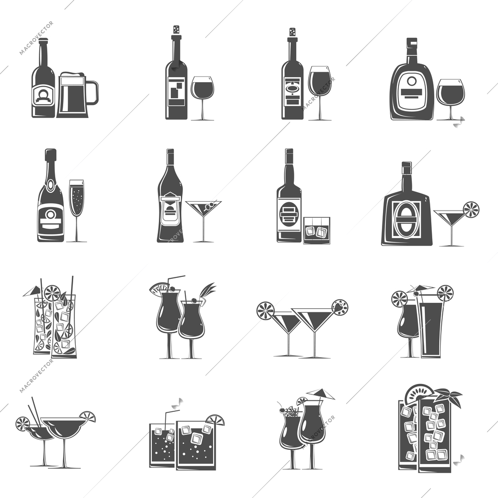 Cocktail drinks and refreshments icons black set isolated vector illustration