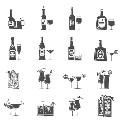 Cocktail drinks and refreshments icons black set isolated vector illustration