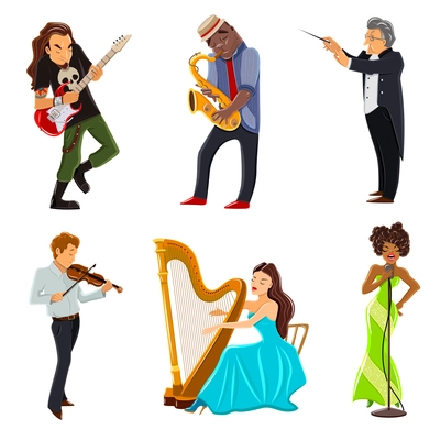 Musicians playing harp violin guitar saxophone and symphony orchestra conductor flat icons set abstract isolated vector illustration