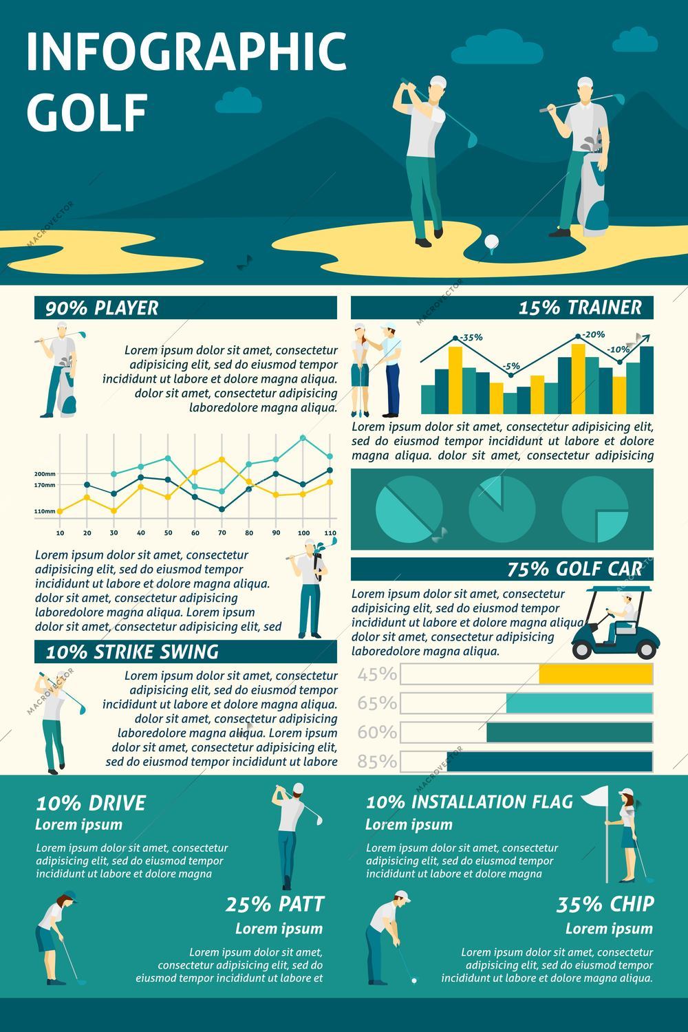 Golf infographics set with sport symbols and charts vector illustration