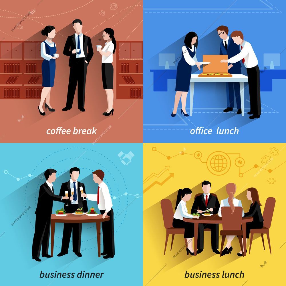 Business office lunch break and coffee pause 4 flat  icons  composition square banner abstract isolated vector illustration