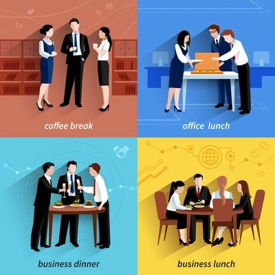 Business office lunch break and coffee pause 4 flat  icons  composition square banner abstract isolated vector illustration