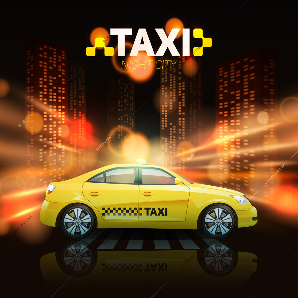 Taxi car with city skyscrapers in spotlights on background vector illustration