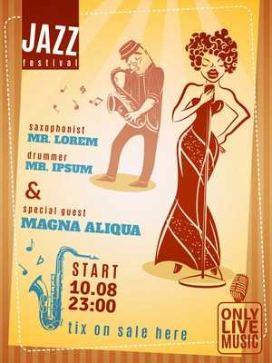 Jazz music festival date and time announcement vintage poster with popular saxophonist and drummer abstract vector illustration