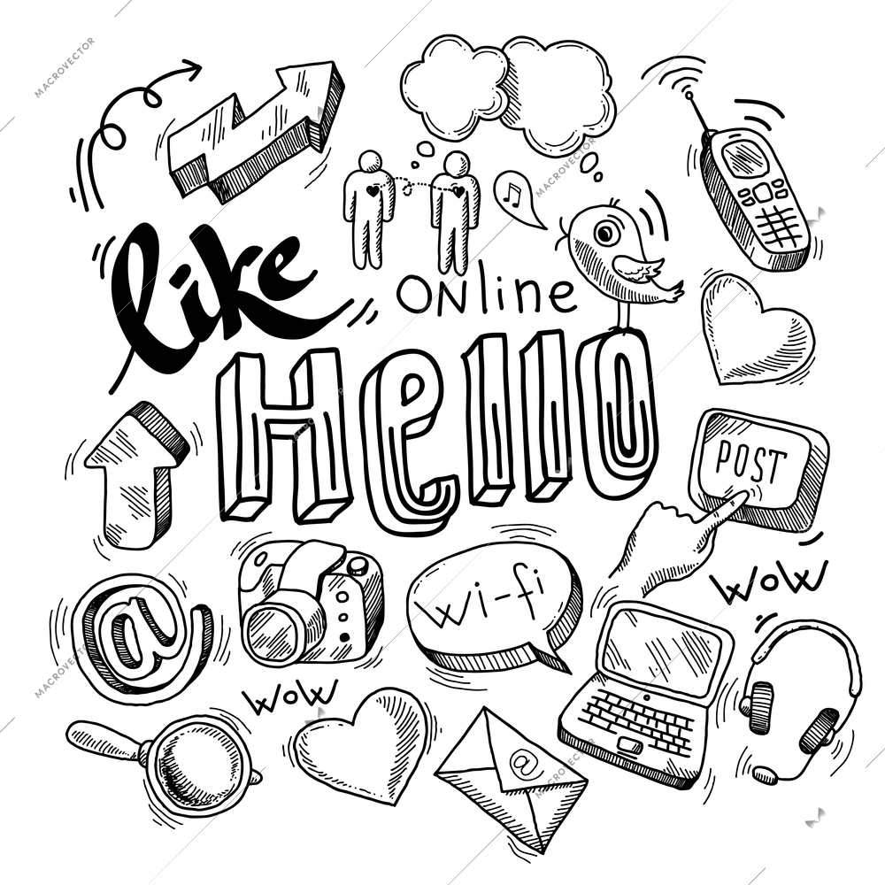 Doodle social media symbols design element of blog communication computer technology isolated vector illustration