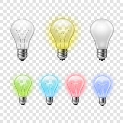 Rainbow colored transparent glass light bulbs pictograms set on and off against checkered background abstract vector illustration