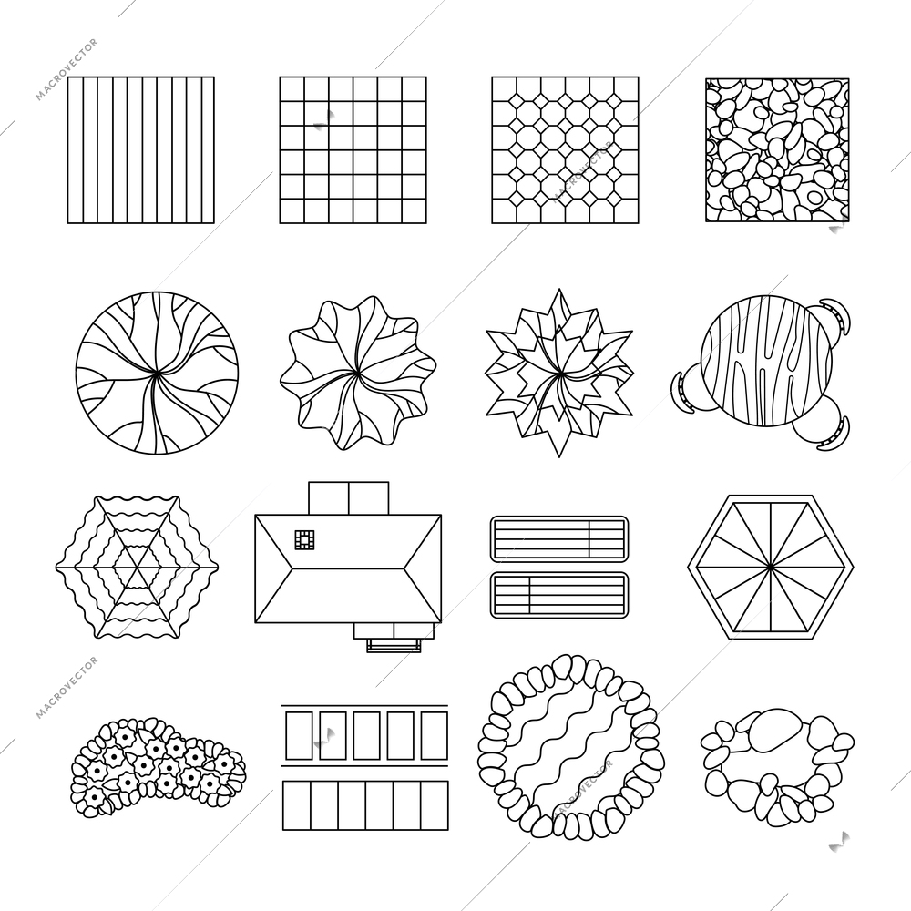 Outdoor patio tiles flower beds and sitting areas design elements black line collection abstract isolated vector illustration