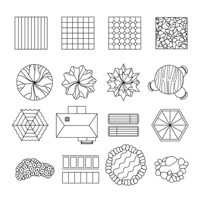 Outdoor patio tiles flower beds and sitting areas design elements black line collection abstract isolated vector illustration