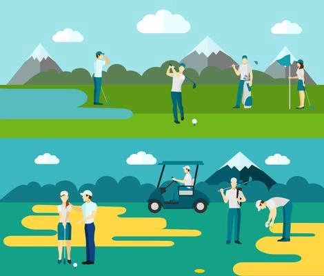 Popular outdoor ball and club sport 2 flat banners with golf course players abstract isolated vector illustration