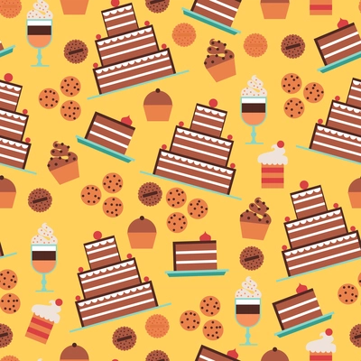 Confectionery and cakes seamless pattern with desserts and cookies on yellow background  flat vector illustration