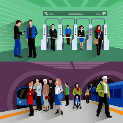 Subway passengers by payment checkpoints at the underground station 2 flat banners  composition abstract isolated vector illustration