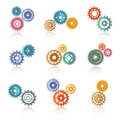 Connected color gears on two-three icons set isolated vector illustration