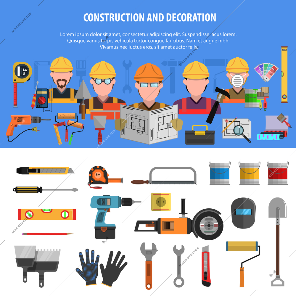 Worker horizontal banner set with construction and decoration elements isolated vector illustration