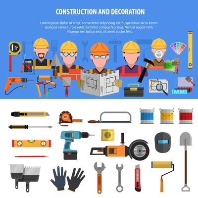 Worker horizontal banner set with construction and decoration elements isolated vector illustration