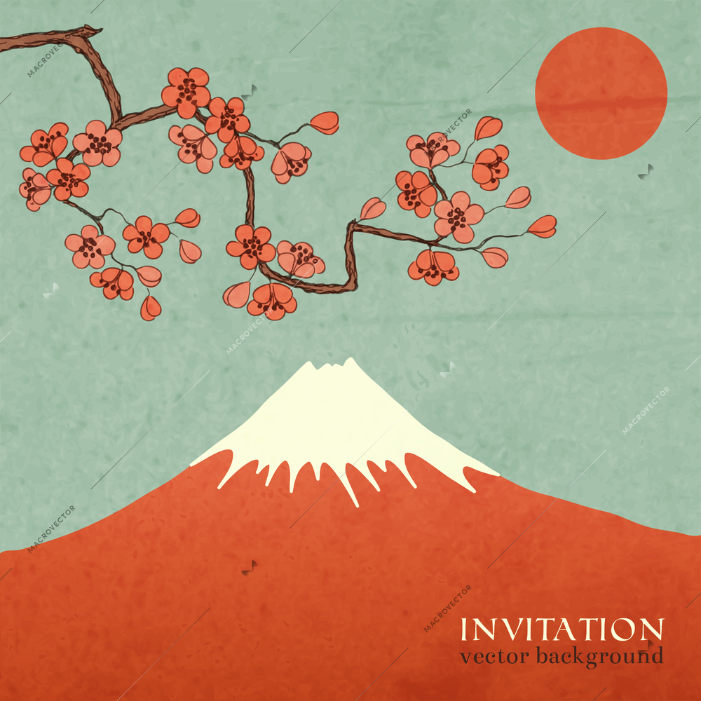 Blossom cherry or sakura mountain invitation postcard vector illustration