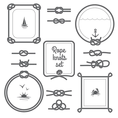 Round and square rope frames and various knots black and white set isolated vector illustration