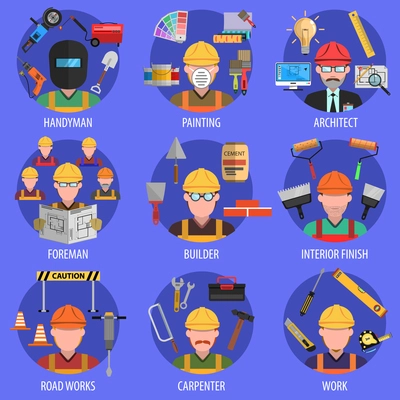 Worker decorative icons set with handyman architect and builder avatars isolated vector illustration