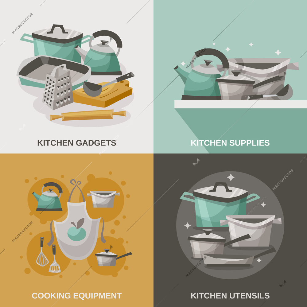 Kitchen equipment icons set with utensils gadgets and supplies flat isolated vector illustration