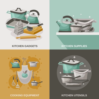 Kitchen equipment icons set with utensils gadgets and supplies flat isolated vector illustration