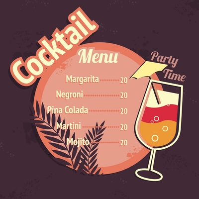 Alcohol cocktails drink restaurant beach cafe menu card template vector illustration