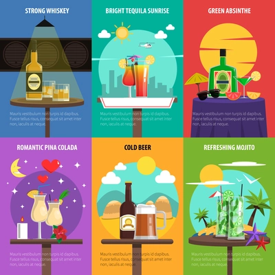 Cocktail mini poster set with strong alcohol drinks isolated vector illustration