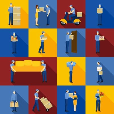 Delivery freight and logistic man workers icons set isolated vector illustration