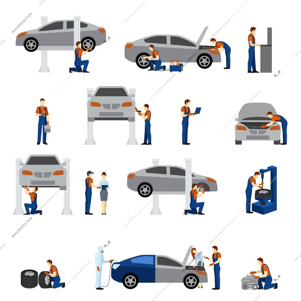 Mechanic flat icons set with working man silhouettes isolated vector illustration