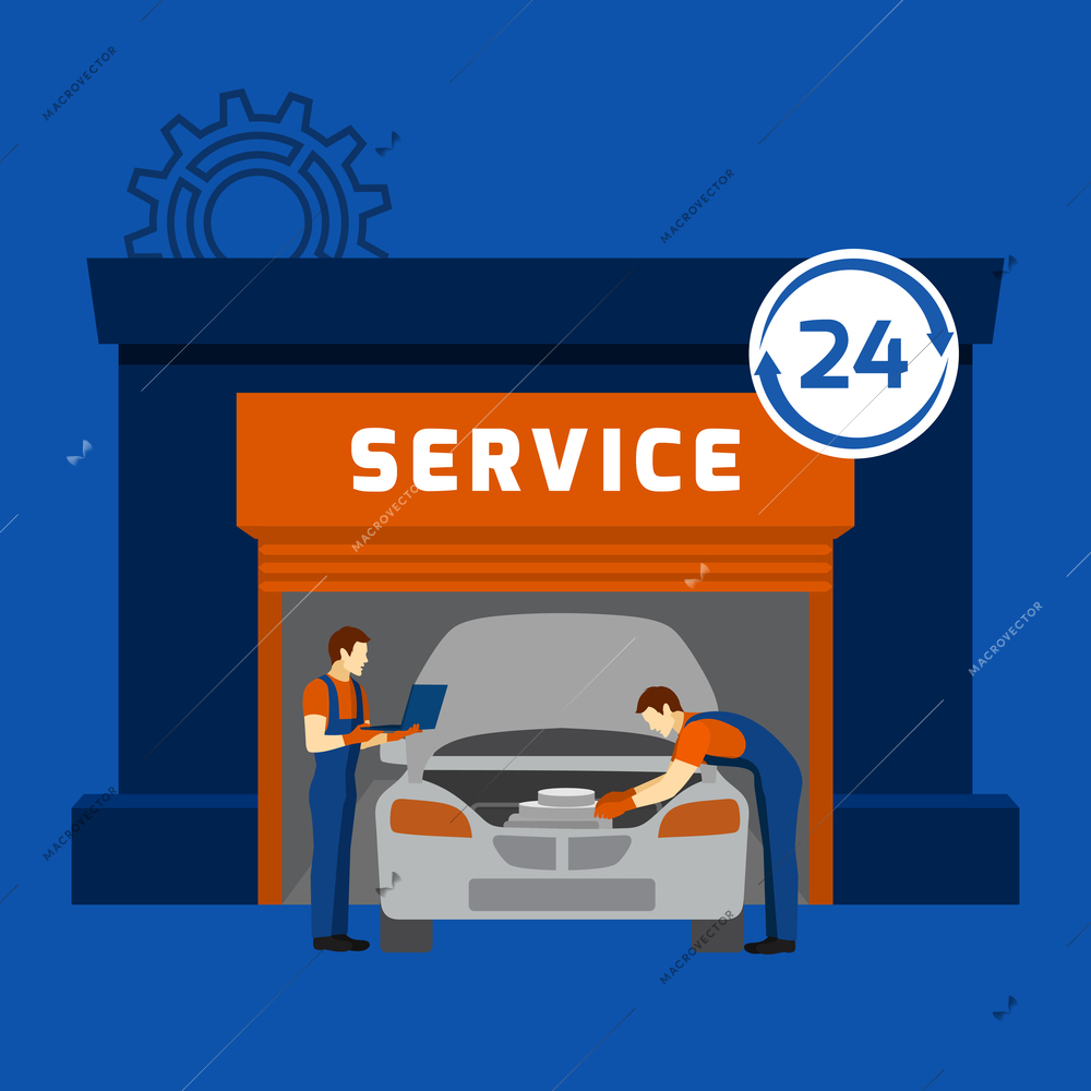 Automobile repair shop and 24 hours auto mechanic garage car maintain service flat banner abstract vector illustration