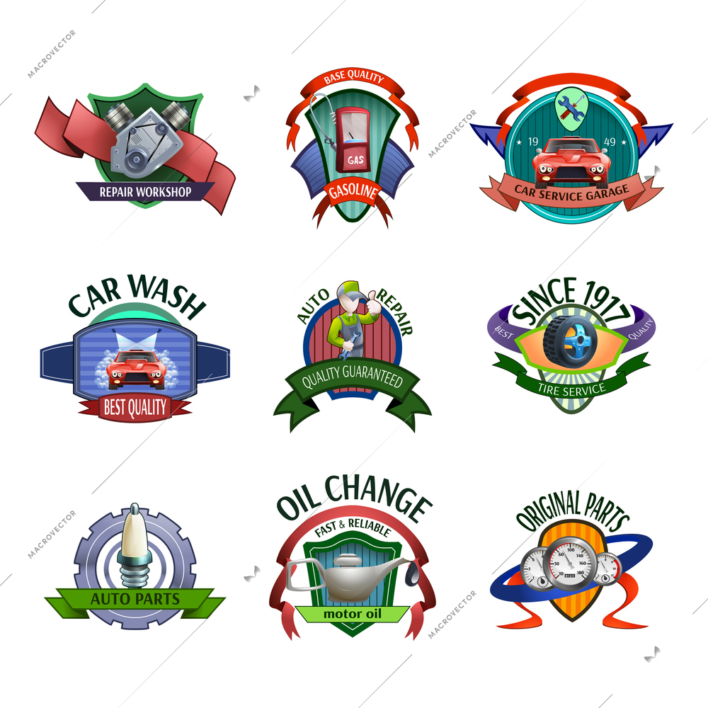 Auto mechanic diagnostics and car maintaining service center emblems and labels icons set abstract vector isolated illustration