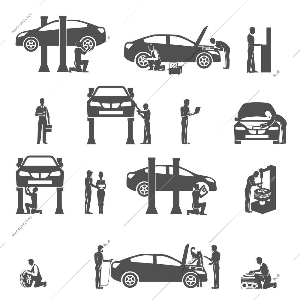 Auto mechanic technician  performing diagnostic test and  full car service black icons set abstract vector isolated illustration